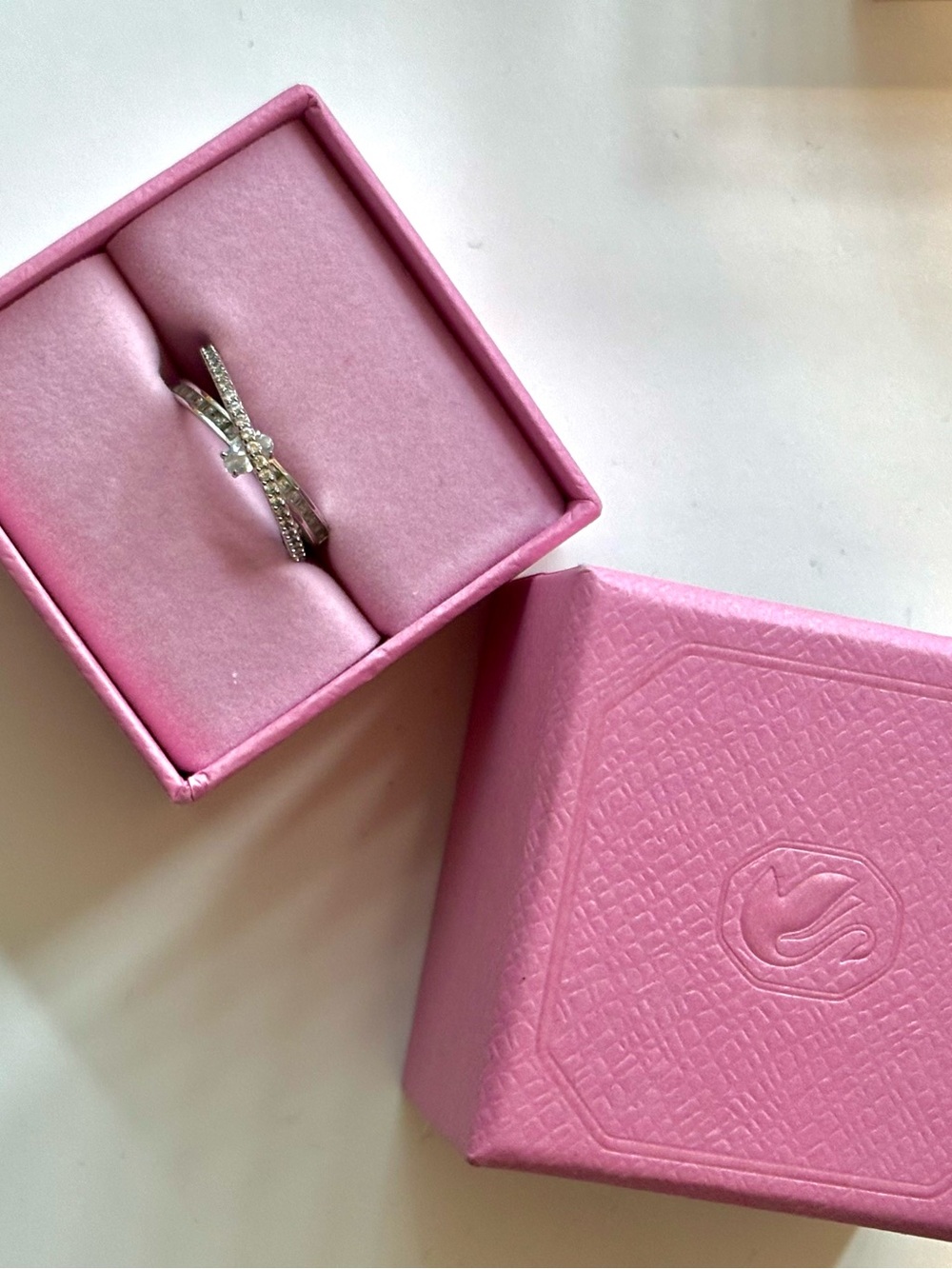 Swarovski Silver Bow Ring with Clear Crystals - Pink Box
